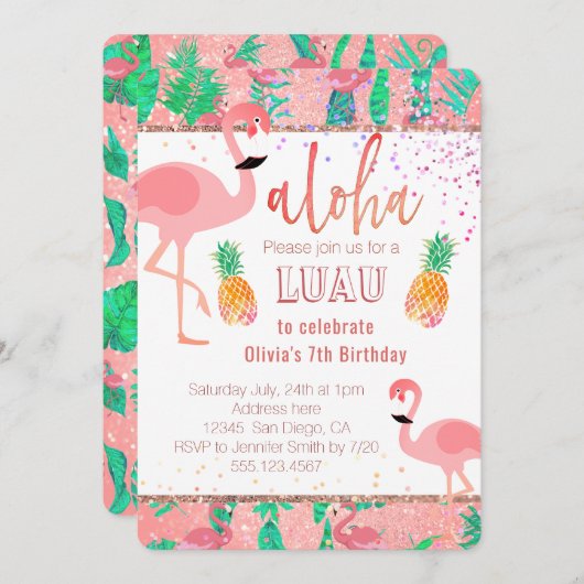 Flamingo Luau Party Einladung (Vorne/Hinten)
