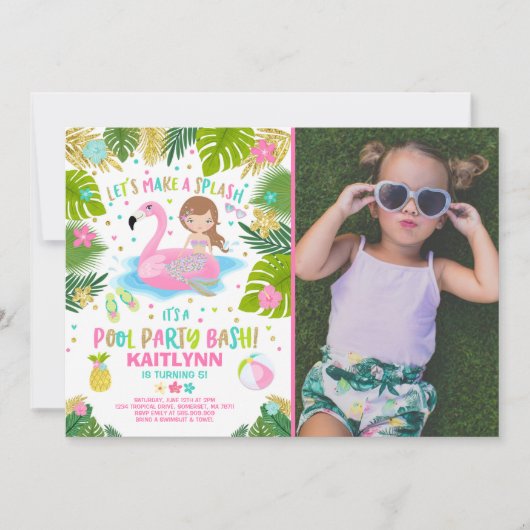 Flamingo & Mermaid Pool Party Einladung tropisch (Vorderseite)