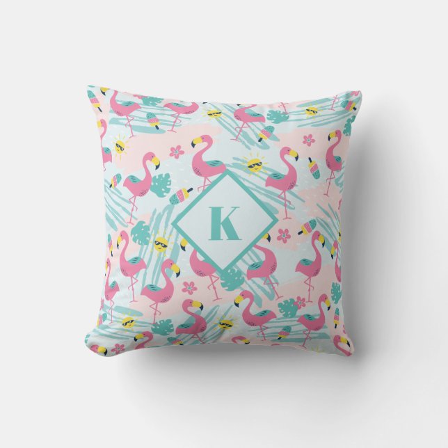 Flamingo Mint Green tropical Muster Monogram Kissen (Vorderseite)