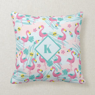 Flamingo Mintgrün Tropisches Muster Monogramm Kissen
