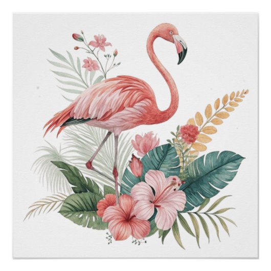 Flamingo mit Blumen Poster (Vorderseite)