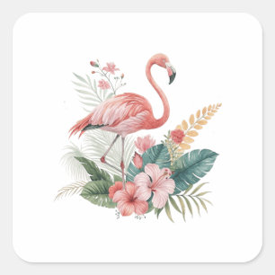 Flamingo mit Blumen Quadratischer Aufkleber