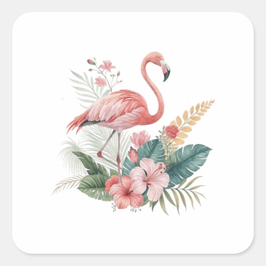 Flamingo mit Blumen Quadratischer Aufkleber (Vorderseite)