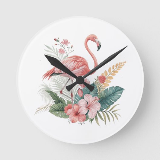 Flamingo mit Blumen Runde Wanduhr (Vorderseite)