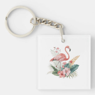 Flamingo mit Blumen Schlüsselanhänger