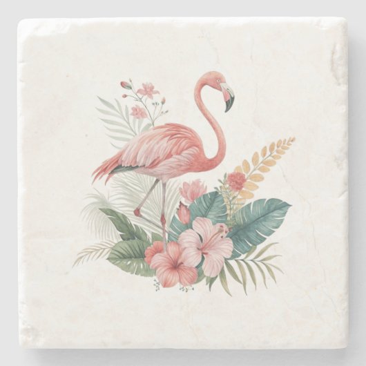 Flamingo mit Blumen Steinuntersetzer (Vorderseite)