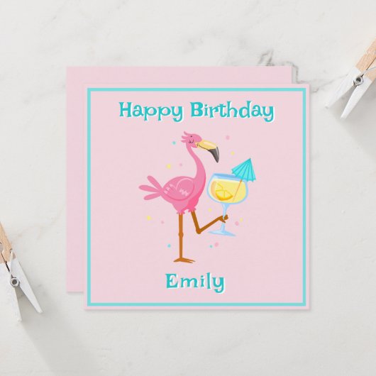 Flamingo mit Cocktail Karte (Vorderseite/Rückseite Beispiel)