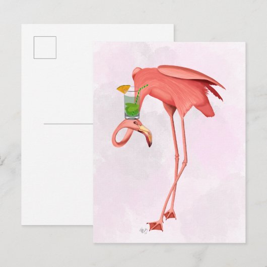 Flamingo mit Cocktail Postkarte (Vorne/Hinten)