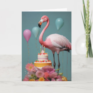 Flamingo mit einem Geburtstagskuchen - Karte