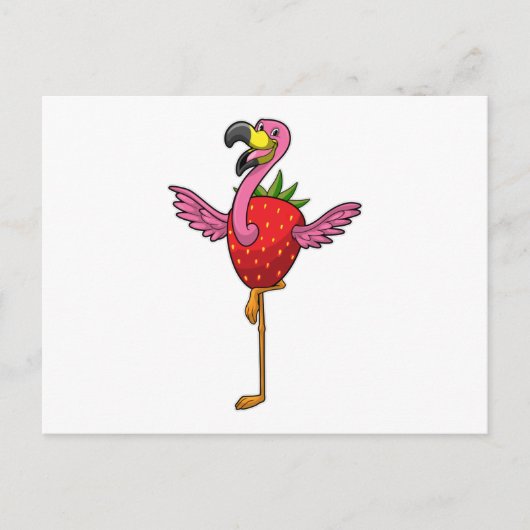 Flamingo mit Erdbeere Postkarte (Vorderseite)