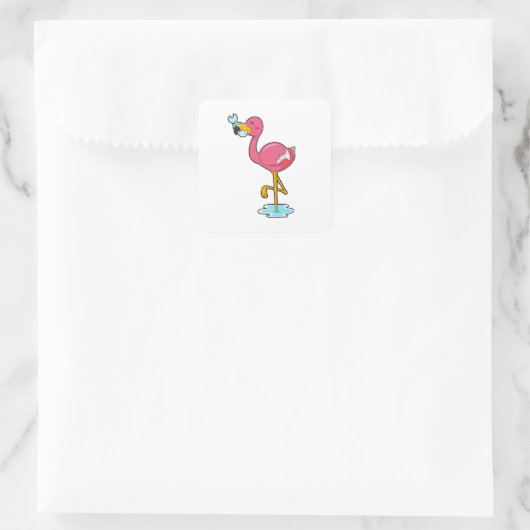 Flamingo mit Fisch Quadratischer Aufkleber (Tasche)