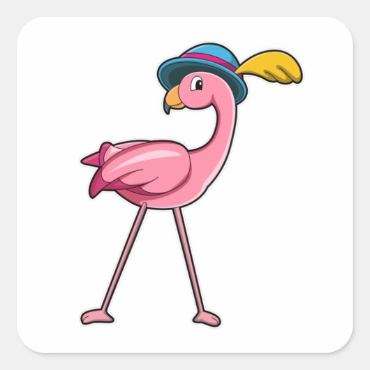 Flamingo mit Hat & Feather Quadratischer Aufkleber (Vorderseite)