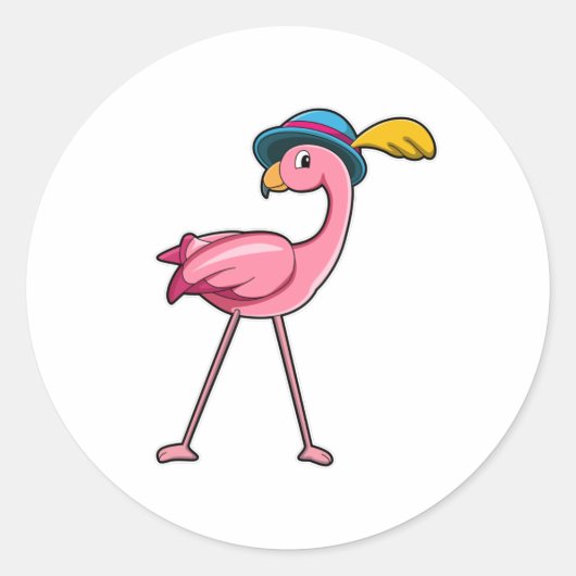 Flamingo mit Hat & Feather Runder Aufkleber (Vorderseite)