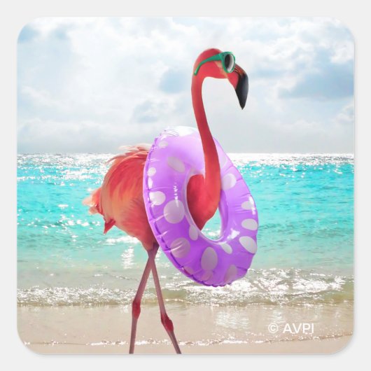 Flamingo mit Innentube Quadratischer Aufkleber (Vorderseite)