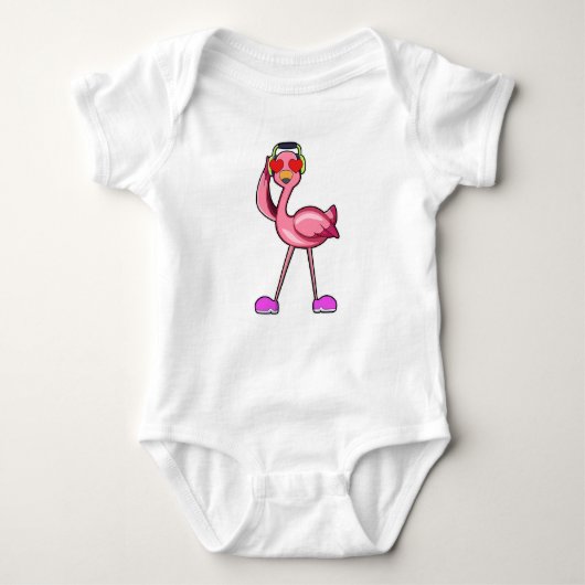 Flamingo mit Kopfhörer und Herz Baby Strampler (Vorderseite)