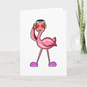 Flamingo mit Kopfhörer und Herz Karte