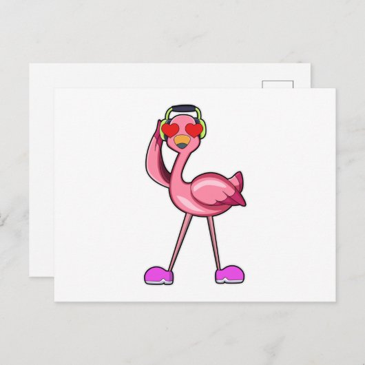 Flamingo mit Kopfhörer und Herz Postkarte (Vorne/Hinten)