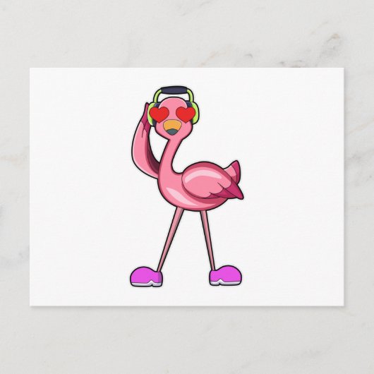 Flamingo mit Kopfhörer und Herz Postkarte (Vorderseite)