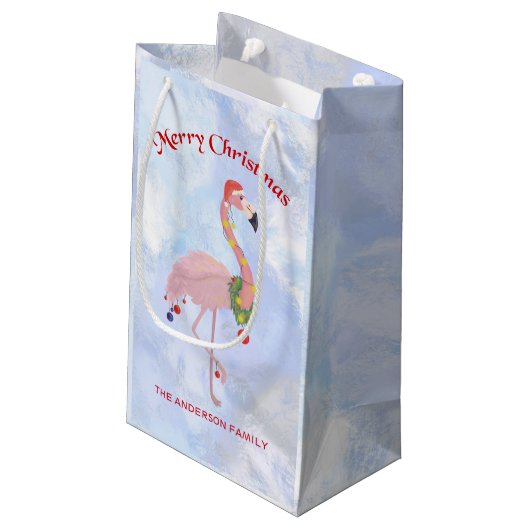 Flamingo mit Lanterns über Eisuntergrund Kleine Geschenktüte (Rückseite Schrägansicht)