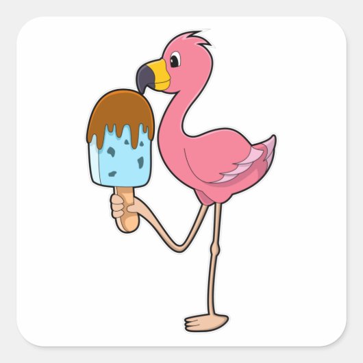 Flamingo mit Popsicle Quadratischer Aufkleber (Vorderseite)