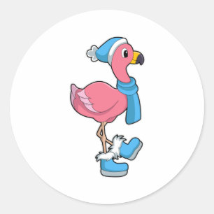 Flamingo mit Scarf & Hat Runder Aufkleber
