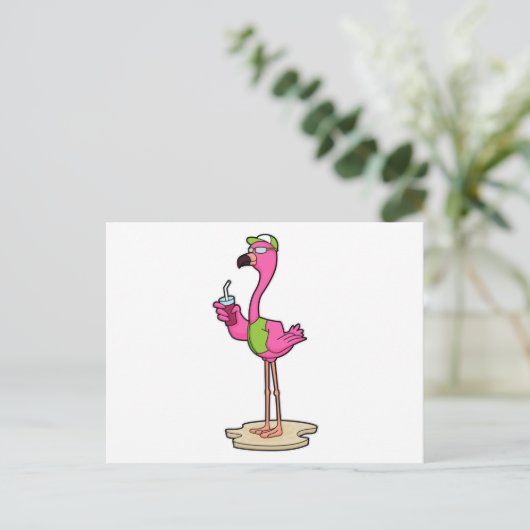 Flamingo mit Sonnenbrille & Cap Postkarte (Stehend Vorderseite)