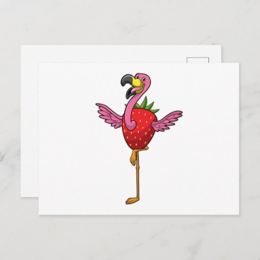 Flamingo mit Strawberry Postkarte (Vorne/Hinten)