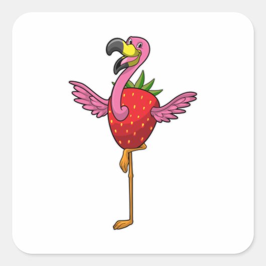 Flamingo mit Strawberry Quadratischer Aufkleber (Vorderseite)