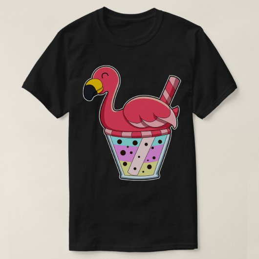 Flamingo mit Tasse von Juice Drinking Stroh T-Shirt (Design vorne)