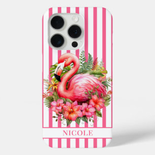 Flamingo mit tropischen Blumen auf Streifen Case-Mate iPhone Hülle