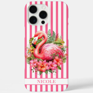 Flamingo mit tropischen Blumen auf Streifen iPhone 16 Pro Max Hülle