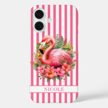 Flamingo mit tropischen Blumen auf Streifen
