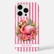 Flamingo mit tropischen Blumen auf Streifen