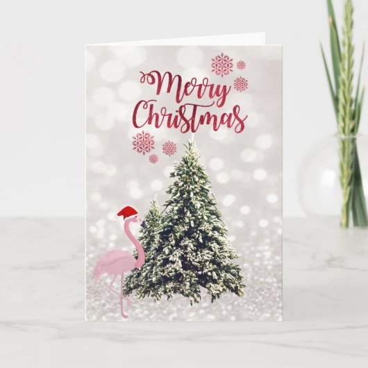 Flamingo mit Weihnachtsmannmütze, Pinienbäume, Gli Feiertagskarte (Vorderseite)