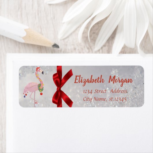 Flamingo mit Weihnachtsmannmütze Silver, Roter Bow (Insitu)