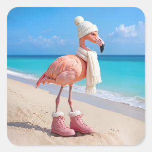 Flamingo mit Winter-Schal und Hut Quadratischer Aufkleber