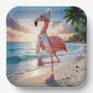 Flamingo mit Winterstiefeln und Schal Pappteller