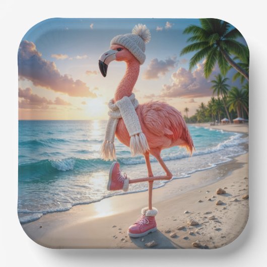 Flamingo mit Winterstiefeln und Schal Pappteller (Vorderseite)