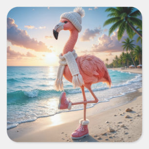 Flamingo mit Winterstiefeln und Schal Quadratischer Aufkleber