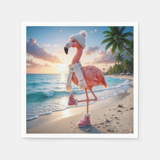 Flamingo mit Winterstiefeln und Schal Serviette (Vorderseite)