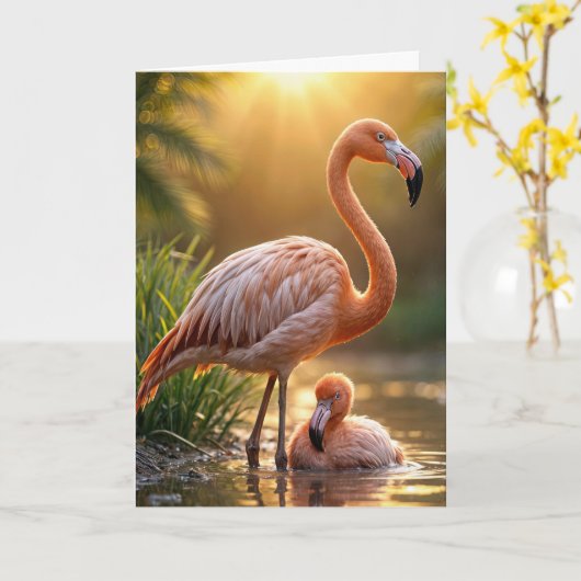 Flamingo Mutter mit Küken Karte (Gelbe Blume)