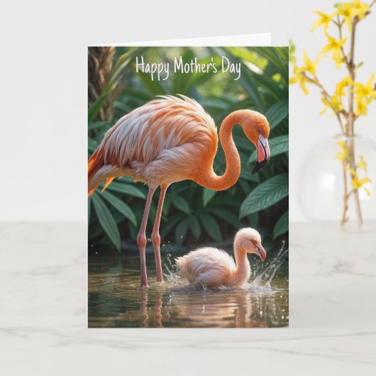 Flamingo Mutter mit Küken Karte (Gelbe Blume)