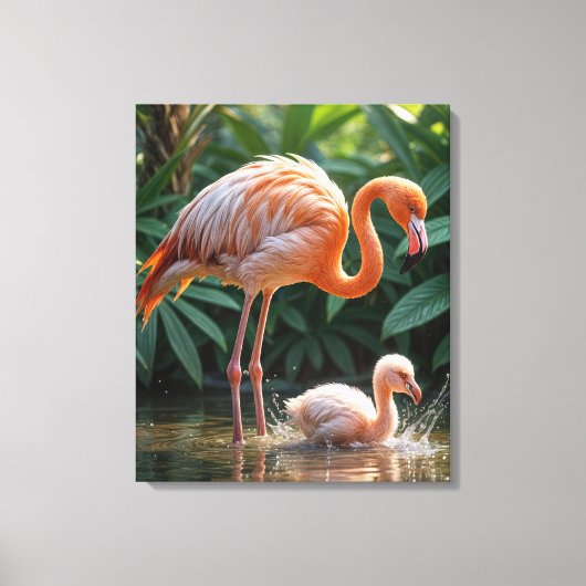 Flamingo Mutter mit Küken Leinwanddruck (Vorderseite)
