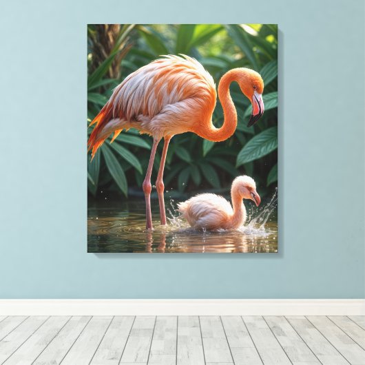 Flamingo Mutter mit Küken Leinwanddruck (Insitu (Holzboden))