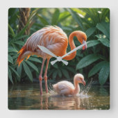 Flamingo Mutter mit Küken Quadratische Wanduhr (Vorderseite)