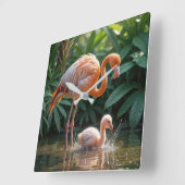 Flamingo Mutter mit Küken Quadratische Wanduhr (Winkel)