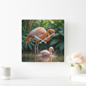 Flamingo Mutter mit Küken Quadratische Wanduhr (Zuhause)