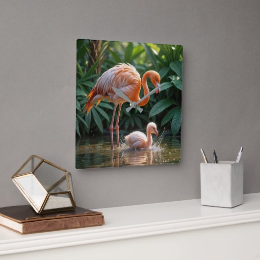 Flamingo Mutter mit Küken Quadratische Wanduhr (Büro)