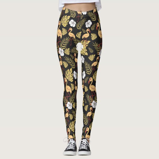 Flamingo nahtlose gelb-weiße Blume Leggings (Vorderseite)
