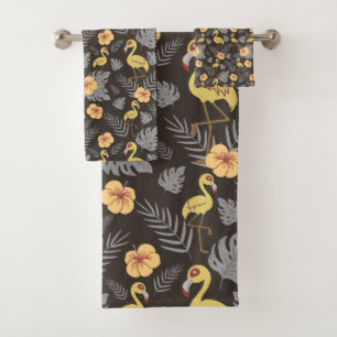 Flamingo nahtloses Muster mit Blume und Blätter Badhandtuch Set